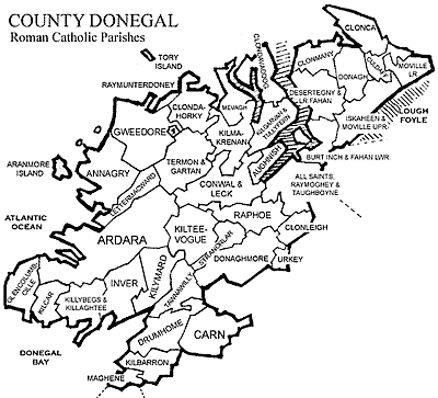 Map showing Donegal Catholic parishes